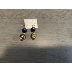 Penelope Navy Blue and Marbled Stone Drop Earrings Gold Tone French Wire Hook